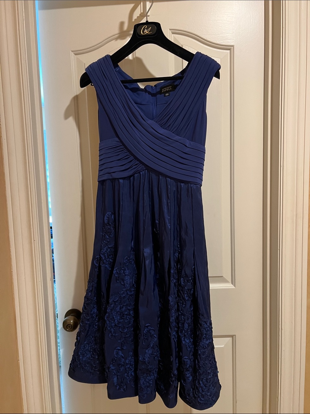 Adrianna Papell Navy Blue Pleated V-Neck A-Line Dress